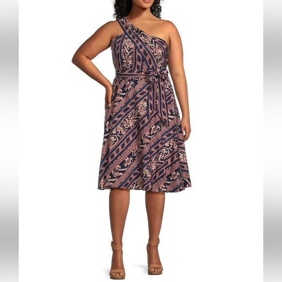 LAUREN RL Navy and rose print one shoulder midi dress size‎ 18. - Picture 1 of 16